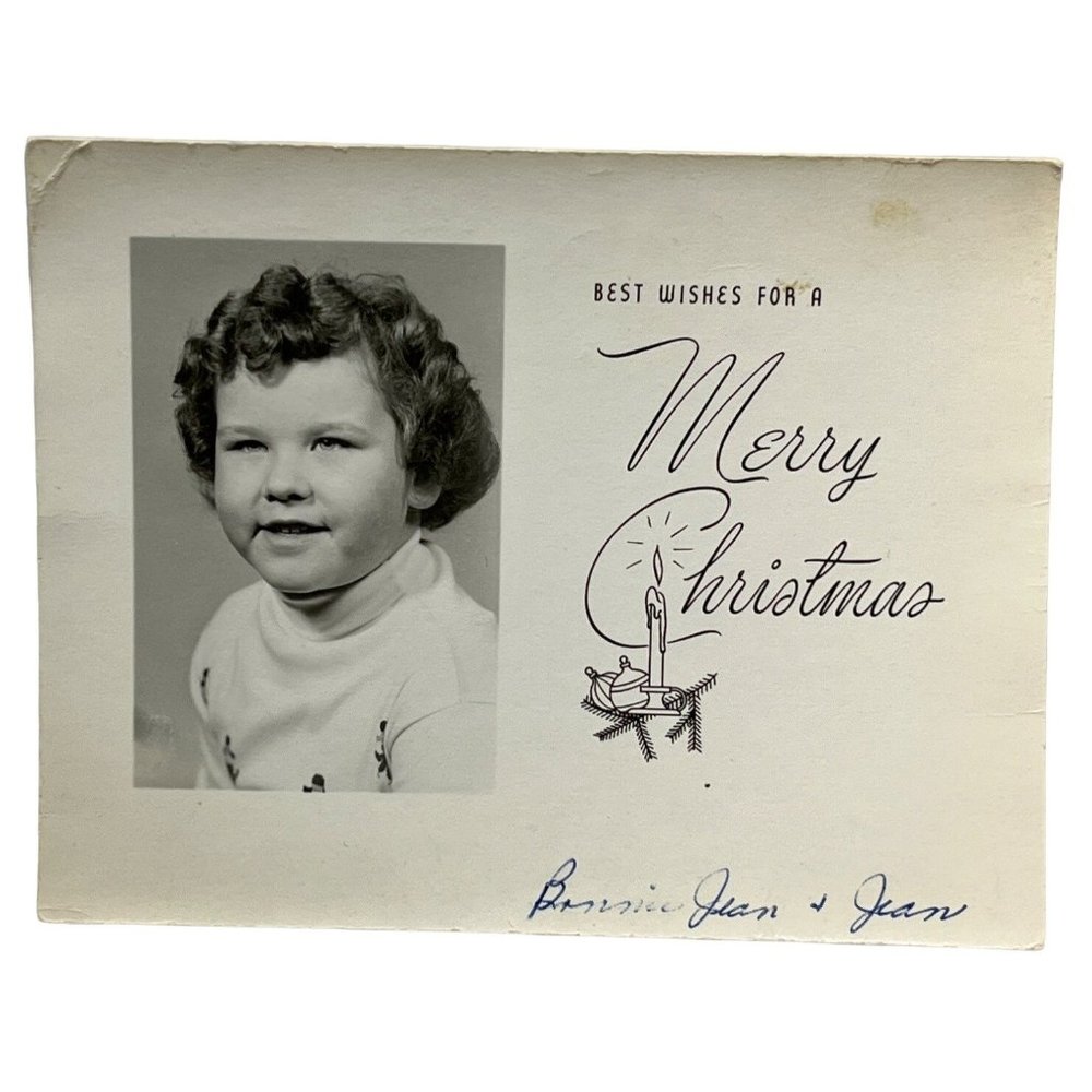 Vintage Merry Christmas Photo Card Little Girl Portrait Snapshot Best Wishes